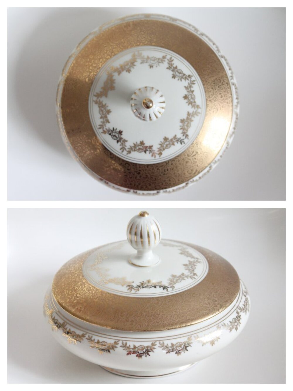 [ALKA KUNST] Floral "Marion" Pattern Gilt Lidded Candy Dish (Germany, 1940s)